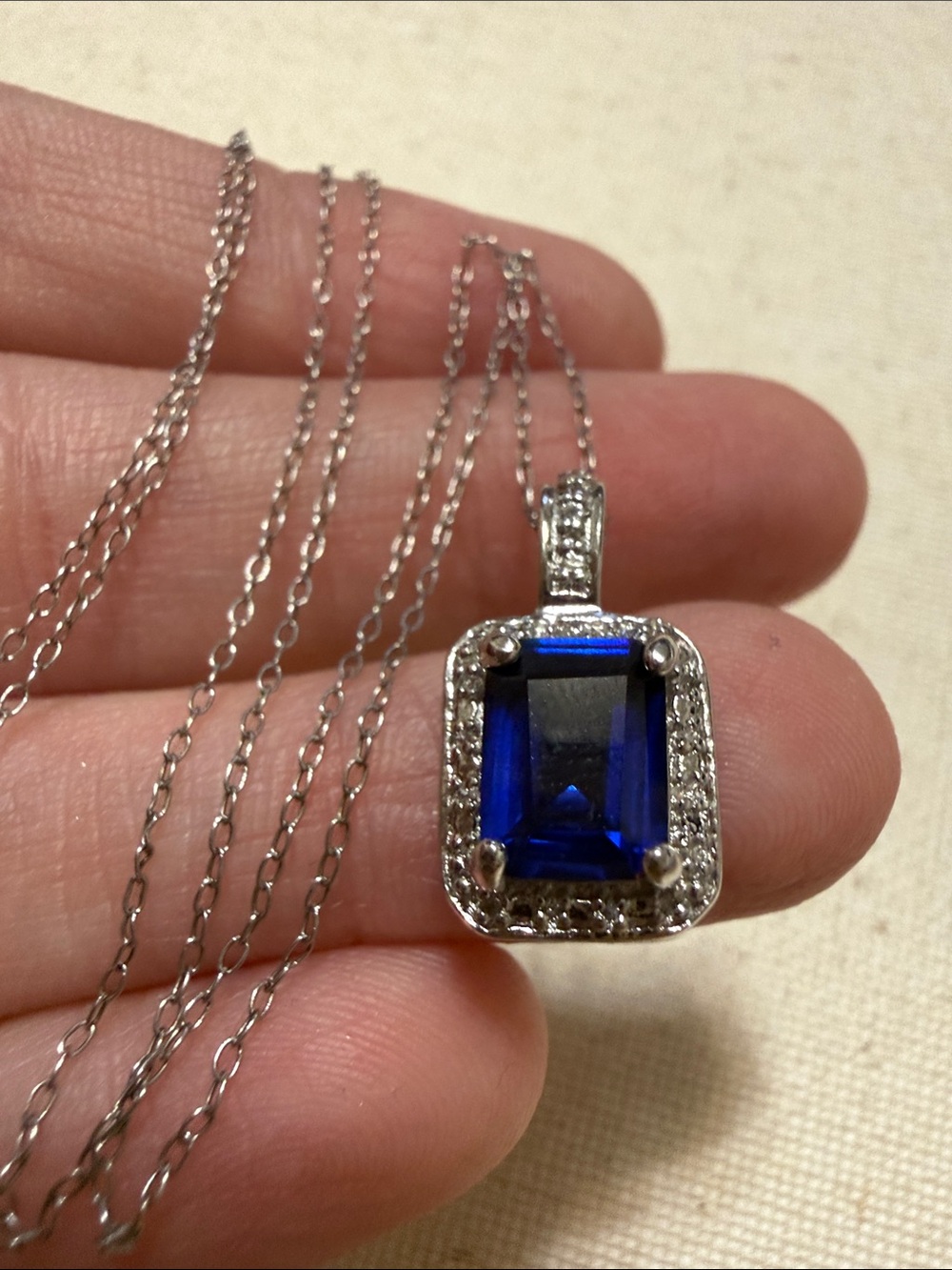 Sterling Silver 925 Blue Sapphire CZ Halo Pendant Necklace 18’ inch